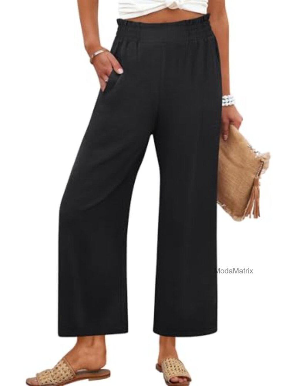 Women's Wide Leg Palazzo Trousers Cropped Ankle Length Elastic Waist Pull-On